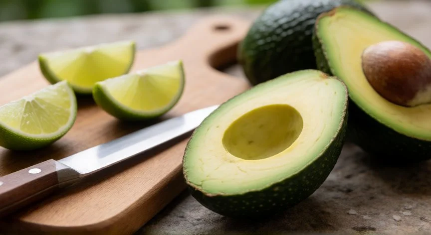 Aguacates maduros recién cortados con limón fresco sobre tabla de madera