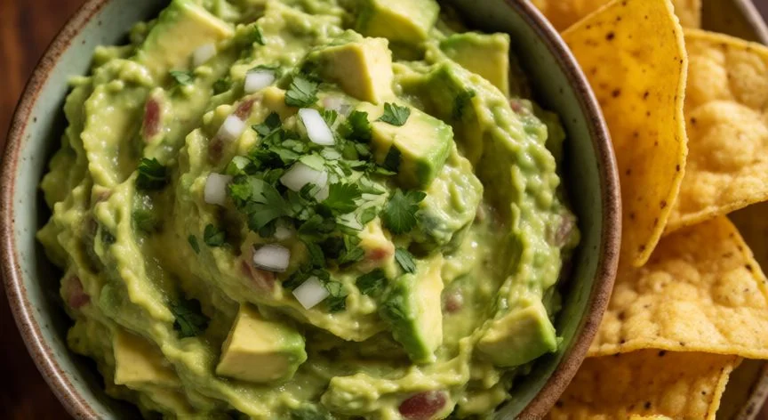 como hacer guacamole casero, Bol de guacamole casero con trozos visibles y cilantro fresco servido con totopos