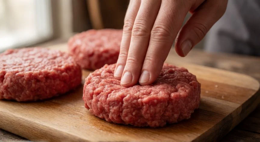Formación de hamburguesas caseras con carne de ternera fresca en tabla de madera