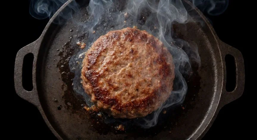 como hacer hamburguesas caseras, Cocción de hamburguesa en plancha de hierro fundido con costra dorada