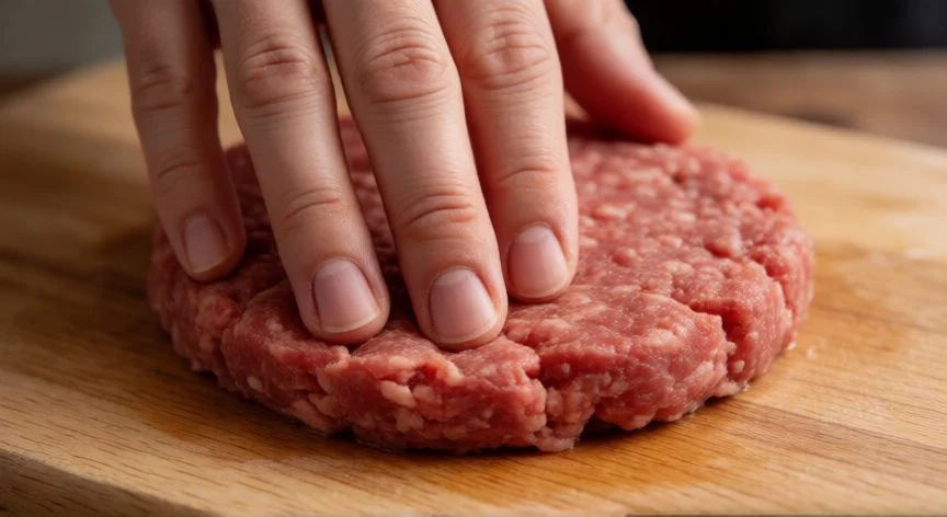 como hacer hamburguesas con carne picada, Manos formando una hamburguesa de carne picada sobre tabla de madera