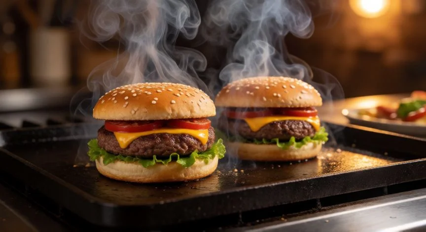 como hacer hamburguesas con carne picada, Hamburguesas dorándose en la parrilla con queso fundido