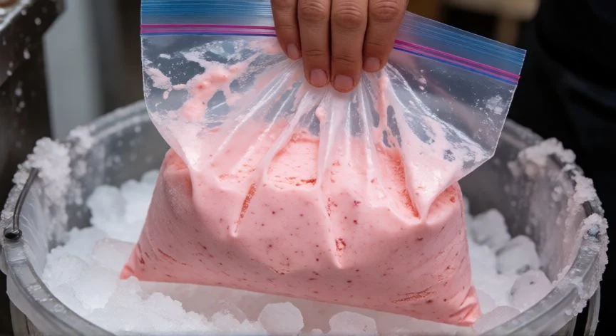 como hacer helado casero, Proceso de congelación manual de helado casero con baño de hielo y sal