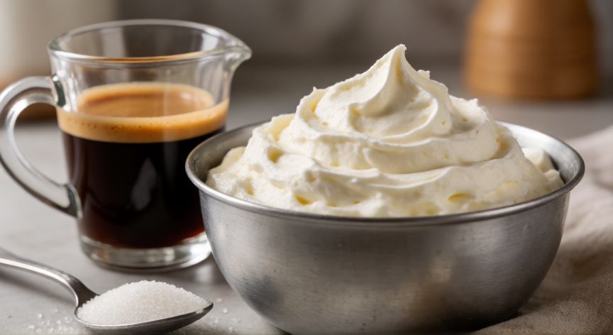 como hacer helado de cafe con 3 ingredientes, Ingredientes básicos para hacer helado de café casero: nata montada, espresso y azúcar en la encimera de la cocina