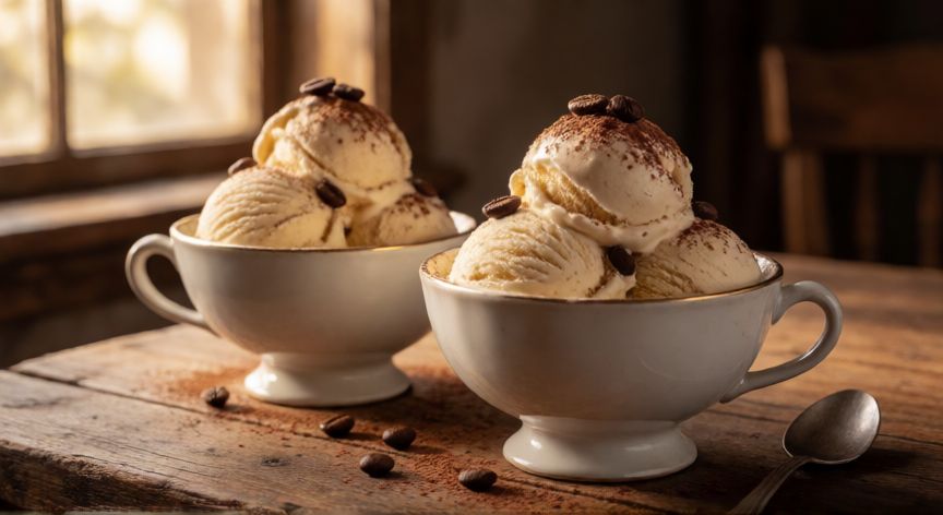 como hacer helado de cafe con 3 ingredientes, Tazones de helado de café casero servido con granos de café y cacao en polvo sobre una mesa de madera