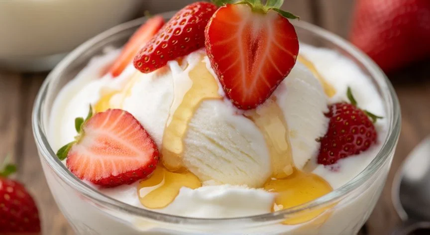Helado de yogur casero con fresas y miel en un vaso de cristal
