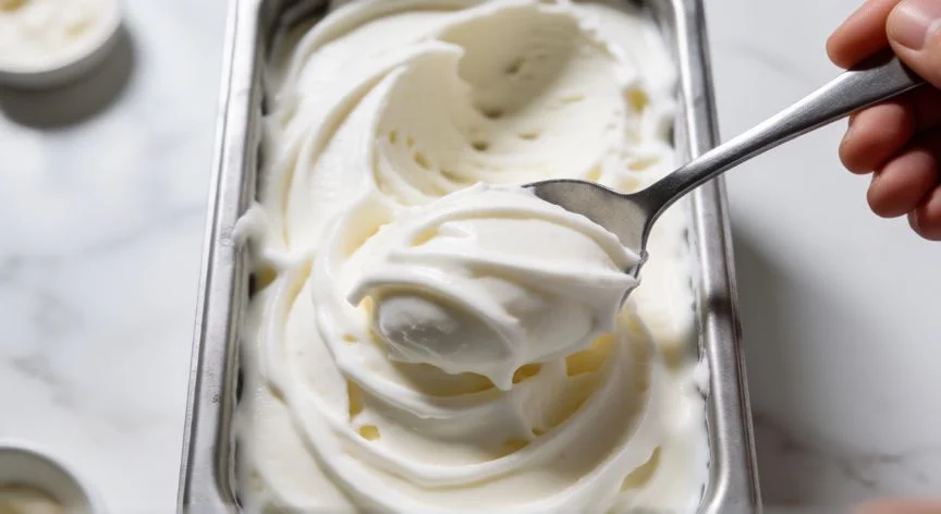 como hacer helado de yogur, Textura cremosa del helado de yogur siendo servido con una cuchara