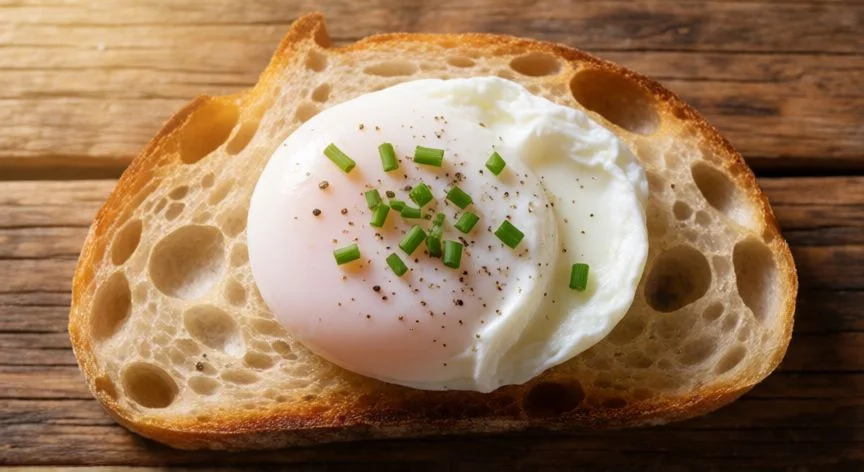 como hacer huevo poche, Huevo poché perfecto servido sobre pan tostado con cebollino y pimienta