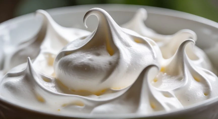 como hacer huevos a punto de nieve, Merengue a punto de nieve brillante y firme en un bol blanco
