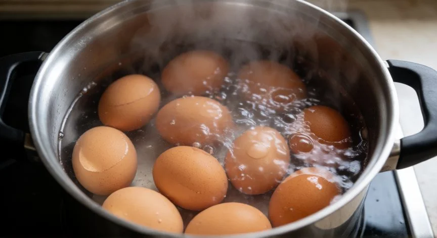 Olla con huevos hirviendo en la cocina