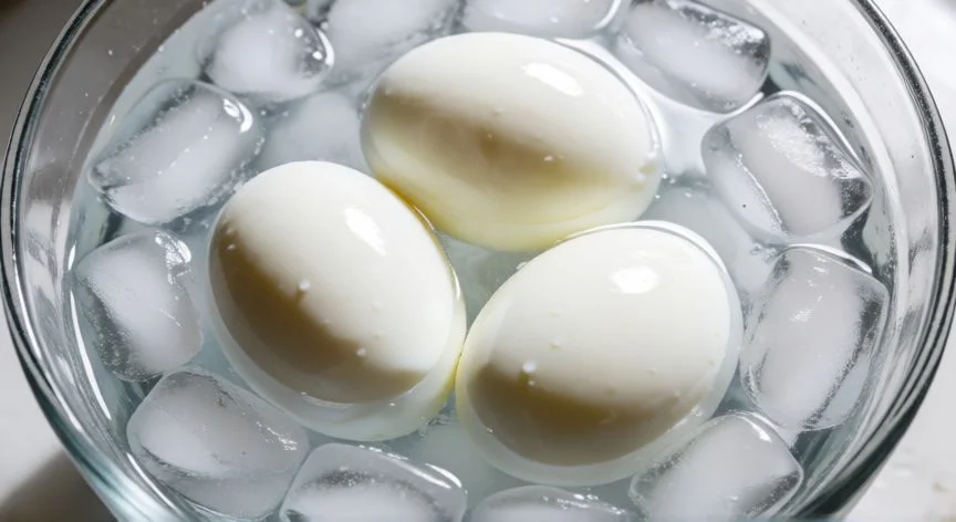 como hacer huevos duros, Huevos duros pelados sumergidos en un baño de hielo para detener la cocción