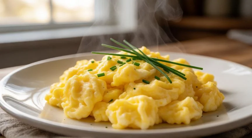 Huevos revueltos cremosos y dorados servidos en un plato blanco con perejil fresco