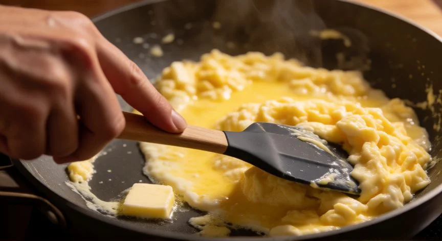 como hacer huevos revueltos, Proceso de cocinar huevos revueltos en sartén con espátula y mantequilla fundida