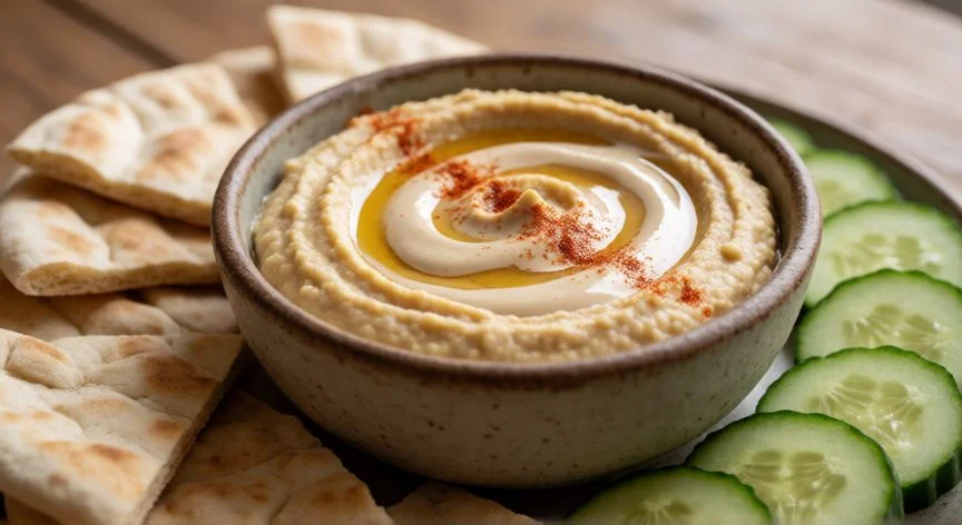 Bowl de hummus casero con aceite, pimentón y pan de pita