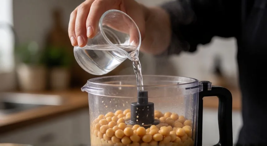 como hacer hummus casero, Manos batiendo garbanzos con tahini y limón para hummus