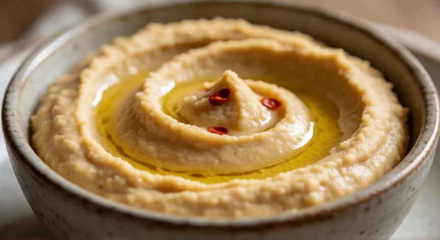 como hacer hummus de garbanzos, Bowl de hummus de garbanzos casero con aceite de oliva y especias