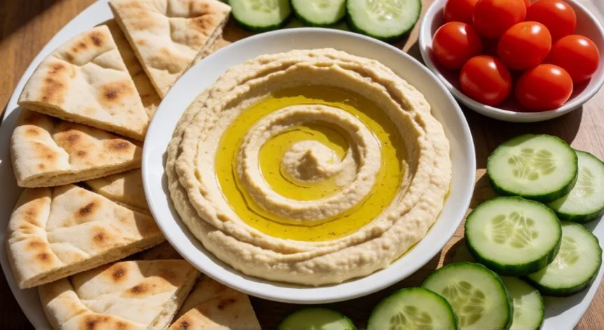 como hacer hummus de garbanzos, Tabla de servir con hummus, pan pita y verduras frescas para acompañar