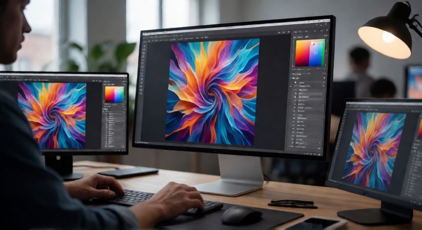como hacer imagenes con ia, Artista digital creando imágenes con IA en su estudio de trabajo