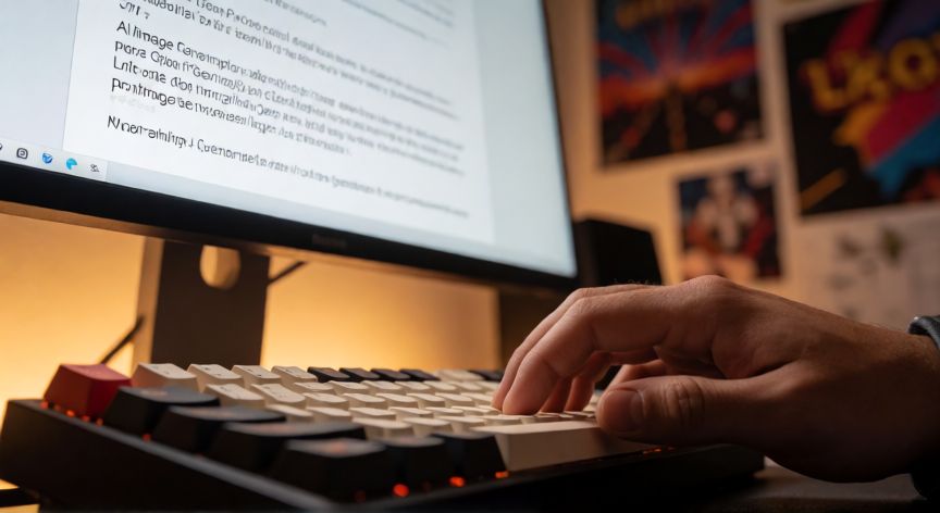 como hacer imagenes con ia, Manos escribiendo prompts de IA en un teclado mecánico moderno