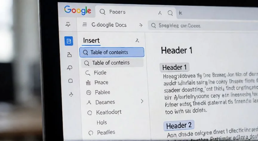 Pantalla de Google Docs mostrando el menú Insertar y la opción de Tabla de contenido
