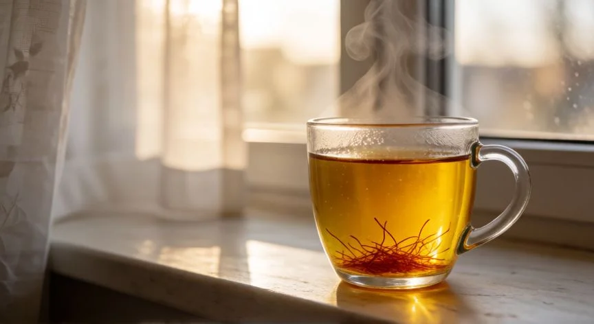 como hacer infusion de azafran, Taza de cristal con infusión de azafrán dorada y hebras visibles al fondo en una ventana iluminada
