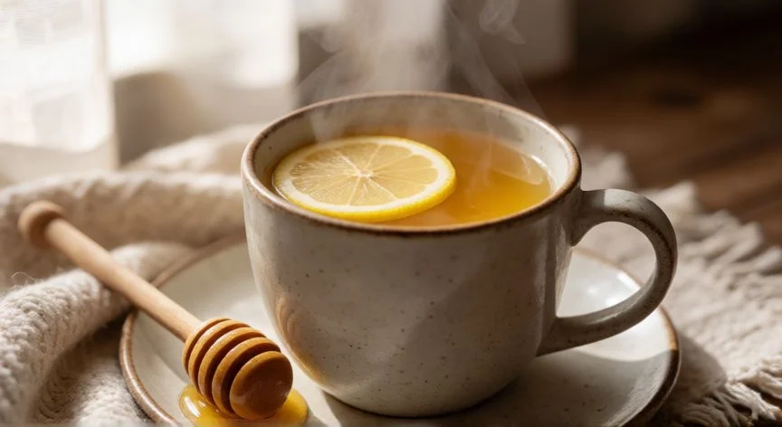 como hacer infusion de jengibre, Taza de infusión de jengibre humeante con rodaja de limón y miel al lado