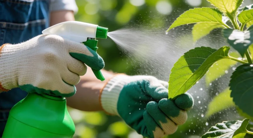 como hacer insecticida con jabon potasico, Aplicación de insecticida con jabón potásico en el envés de las hojas para eliminar pulgones