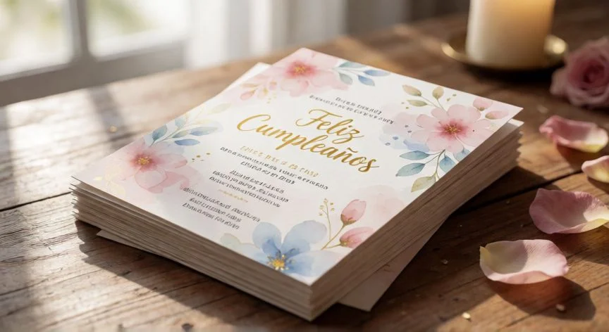 Invitaciones de cumpleaños impresas con diseño acuarela y detalles en oro