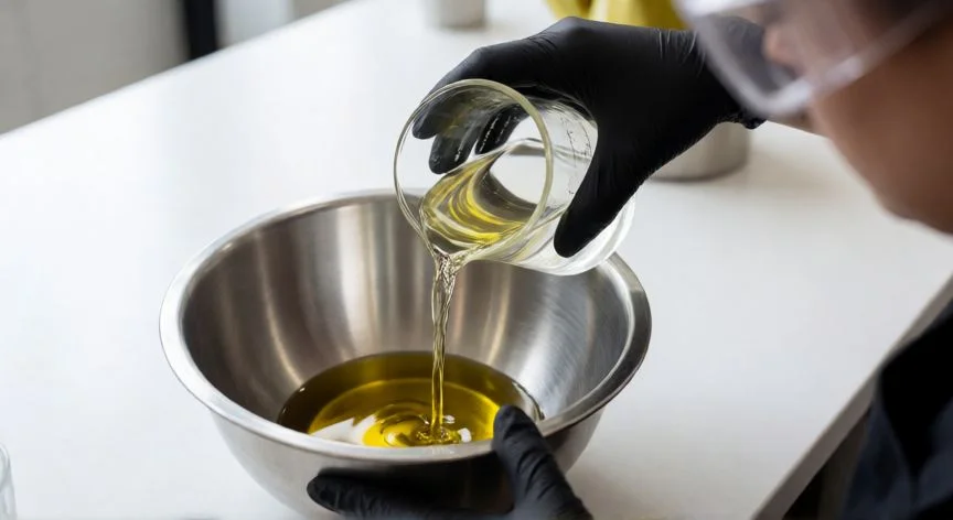 Proceso de mezcla de hidróxido de sodio con aceite para hacer jabón