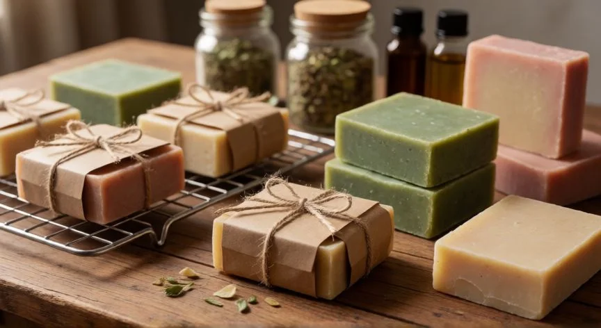 como hacer jabon, Pastillas de jabón casero curándose sobre una rejilla de madera