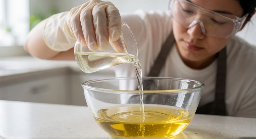 Proceso seguro de mezcla de ingredientes para hacer jabón casero