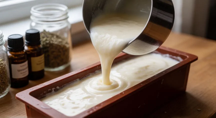 como hacer jabon casero, Pastillas de jabón artesanal curándose en una rejilla de madera