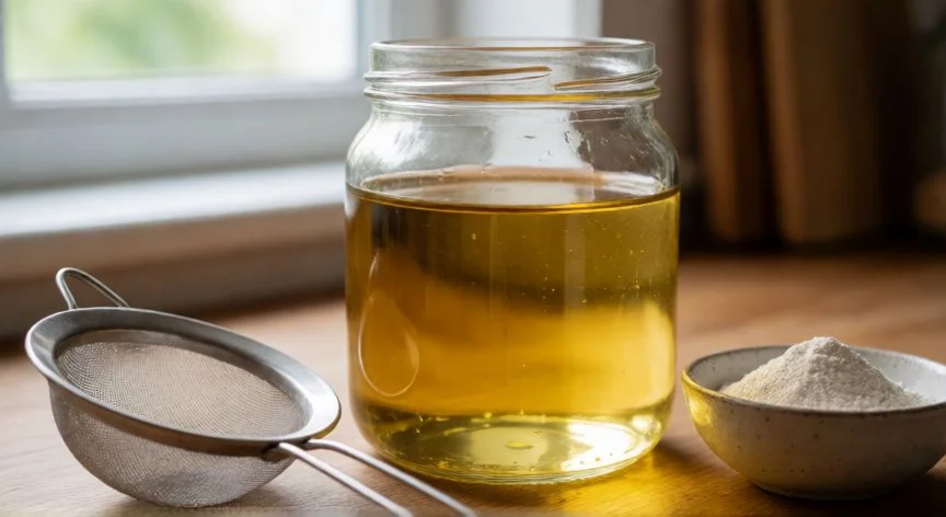 Aceite de cocina usado filtrado listo para la fabricación de jabón artesanal
