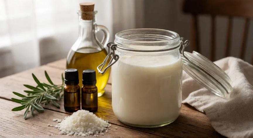 como hacer jabón potásico, Jabón líquido potásico casero en un tarro de vidrio con ingredientes naturales al fondo