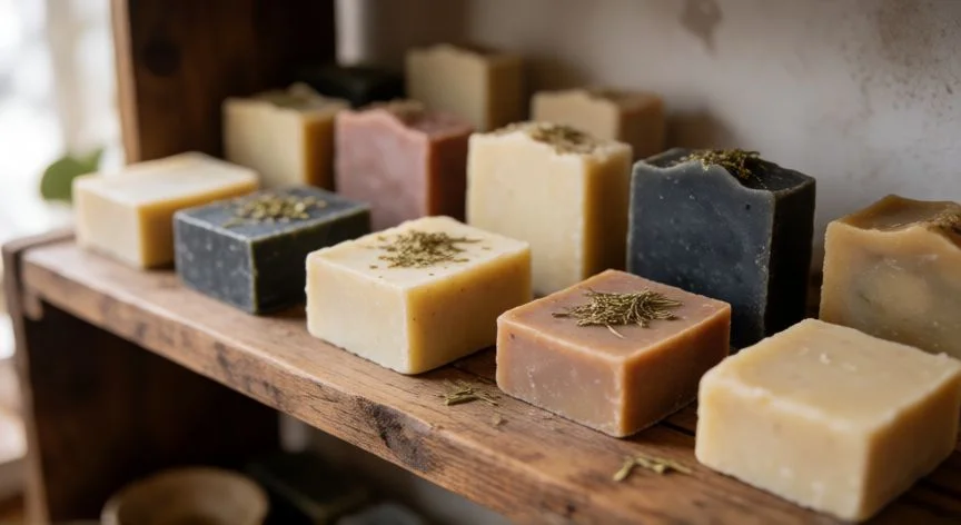 como hacer jabones artesanales, Barras de jabón artesanal cortadas con lavanda y avena sobre madera rústica