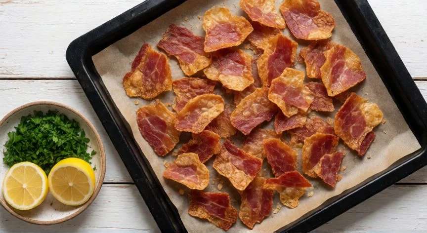 como hacer jamon crujiente, Bandeja con chicharrones de jamón crujientes recién horneados