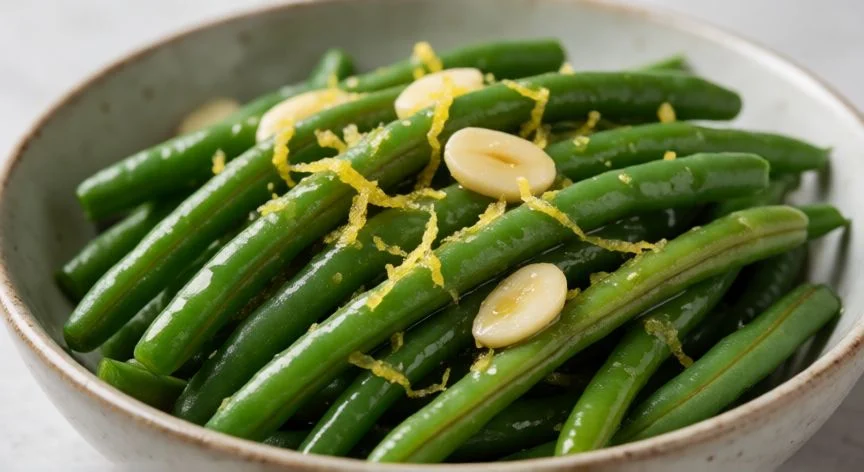 como hacer judias verdes, Bol de judías verdes cocidas con aceite de oliva y limón