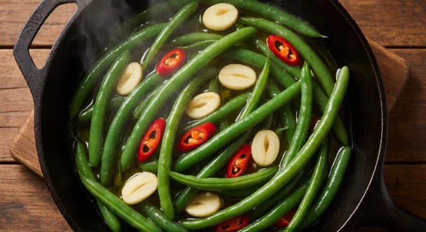 como hacer judias verdes de bote, Sartén con judías verdes salteadas con ajo y guindilla