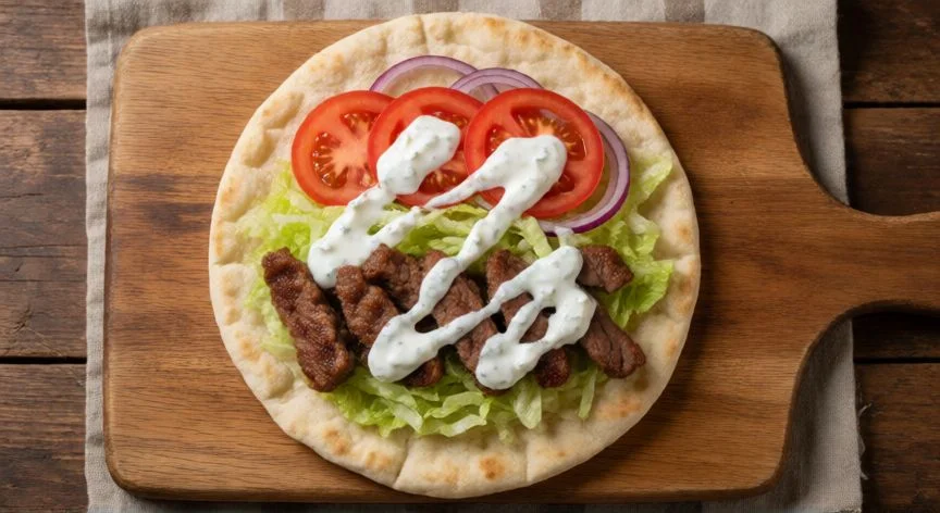 como hacer kebab casero, Kebab casero abierto con carne, vegetales y salsa de yogur sobre tabla de madera