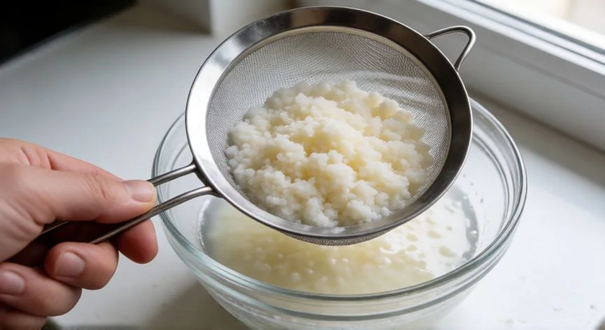 como hacer kefir, Manos colando granos de kefir con una malla sobre un bol para separar la bebida probiótica