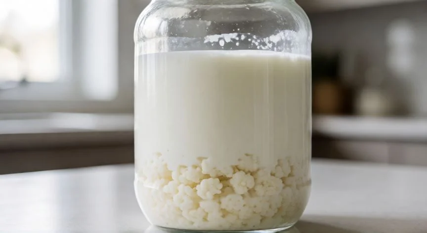 Tarro de vidrio con leche y nidos de kefir fermentando en cocina