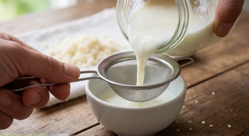 como hacer kefir casero, Colando kefir casero con malla fina en un bol de cerámica