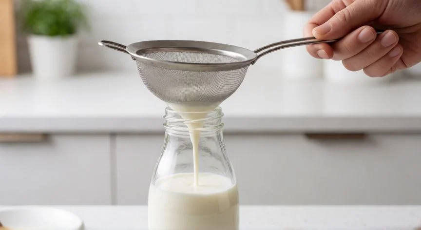 como hacer kéfir de leche, Colando la bebida de kéfir con un colador de malla fina en una cocina