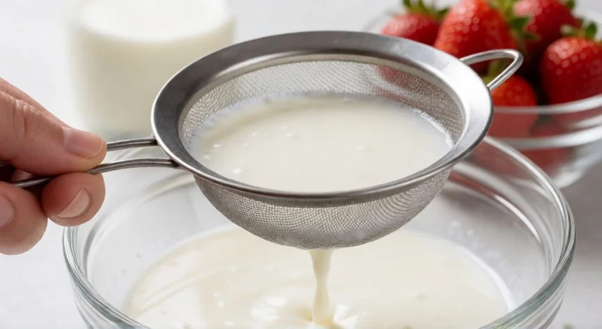 como hacer kéfir desde cero en casa, Manos cerniendo kéfir líquido con un colador de malla fina en la cocina