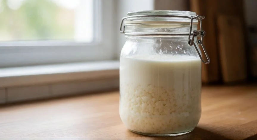 Granos de kéfir fermentando en leche dentro de un frasco de vidrio sobre una mesa de madera