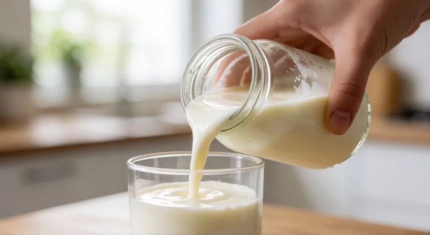 como hacer kefir en casa, Vertiendo kéfir casero de un frasco a un vaso en una cocina luminosa