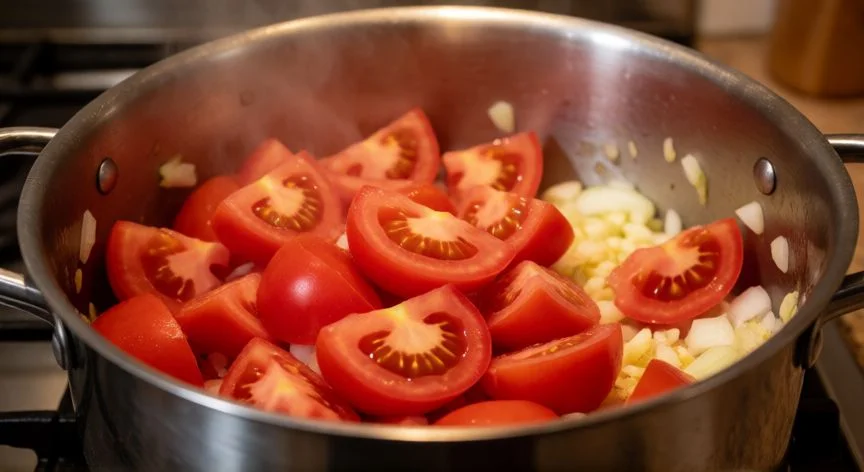 Tomates frescos y cebolla cocinándose en una olla para hacer ketchup casero