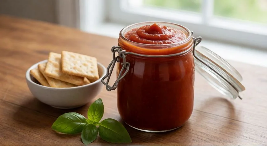 como hacer ketchup casero, Bote de vidrio con ketchup casero recién hecho sobre una mesa de madera