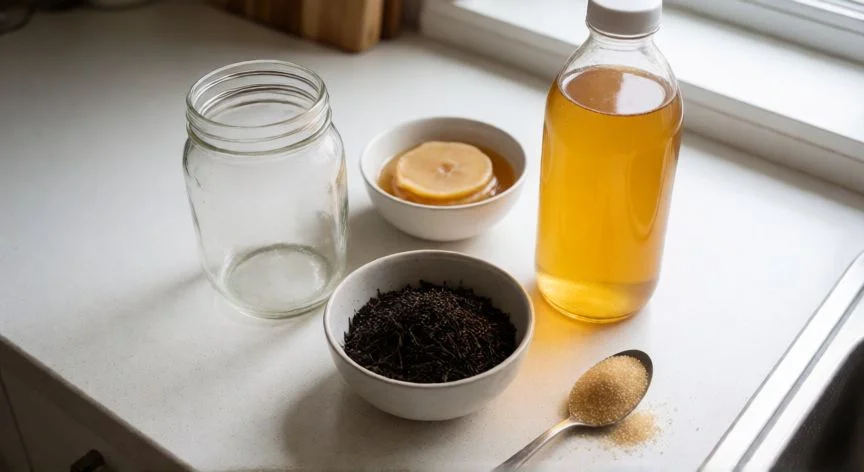 como hacer kombucha, Ingredientes y utensilios sobre la mesa de cocina para preparar kombucha