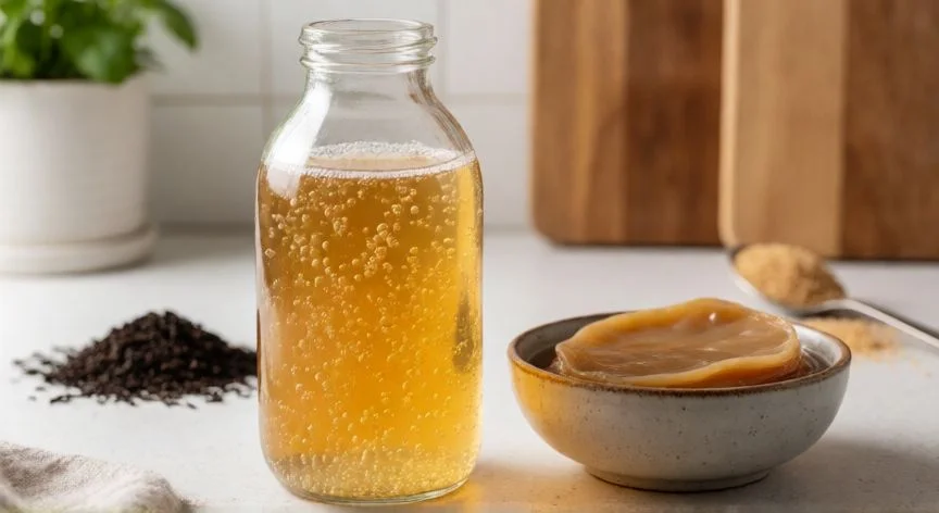 como hacer kombucha casera, Botella de kombucha carbonatada junto a ingredientes para la preparación casera